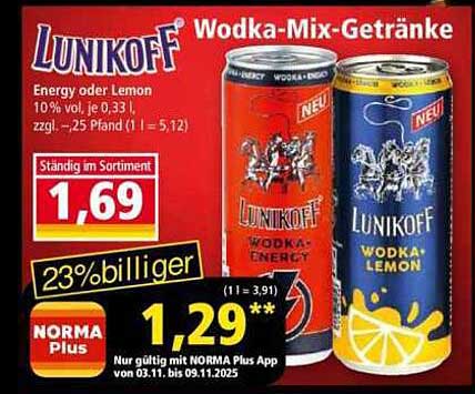 LUNIKOFF Wodka-Mix-Getränke Energy oder Lemon