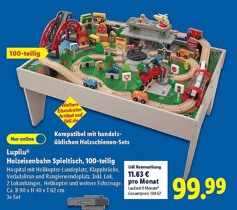Lupilu® Holz Eisenbahn Spieltisch, 100-teilig