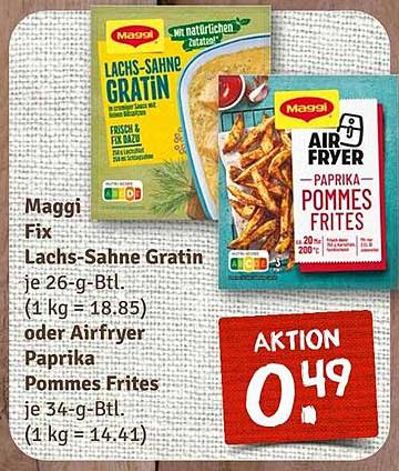 Maggi Fix Lachs-Sahne Gratin und Airfryer Paprika Pommes Frites