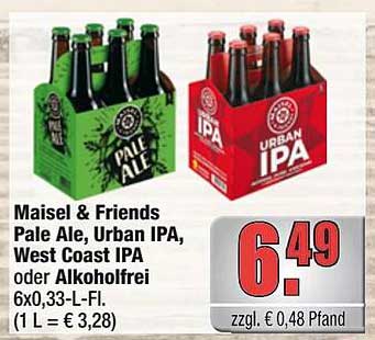 Maisel & Friends Pale Ale, Urban IPA, West Coast IPA oder Alkoholfrei – 6x0,33-L-Fl.