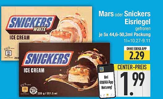 Mars oder Snickers Eisriegel gefroren je 5x 44,6-50,3ml Packung