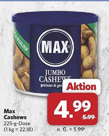 Max Cashews 225-g-Dose - geröstet & gesalzen