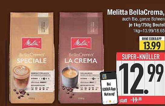 Melitta BellaCrema, auch Bio, ganze Bohnen, je 1kg/750g Beutel