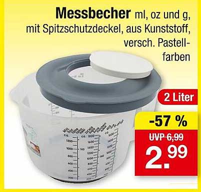Messbecher 2 Liter mit Spitzschutzdeckel, aus Kunststoff, in verschiedenen Pastellfarben