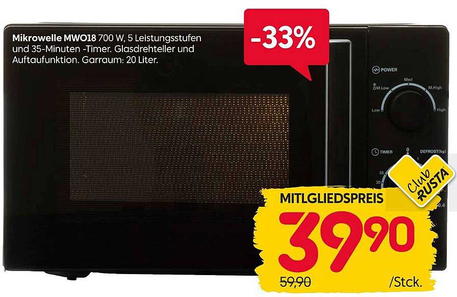 Mikrowelle MWO18 700 W mit 5 Leistungsstufen