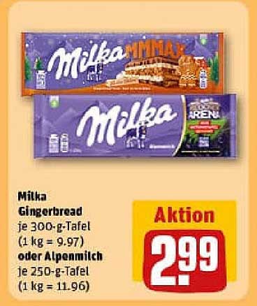 Milka Gingerbread - 300 g Tafel oder Alpenmilch - 250 g Tafel zum Aktionspreis von 2,99 €