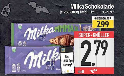 Milka Schokolade je 250-300g Tafel, 1kg=11.96-9.97
