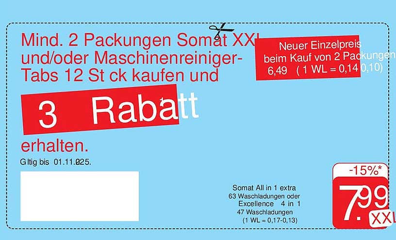 Mind. 2 Packungen Somat XXL und/oder Maschinenreiniger-Tabs 12 St ck kaufen und 3 Rabatt erhalten.