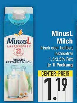 MinusL Milch frisch oder haltbar, laktosefrei 1,5/3,5% Fett je 1l Packung
