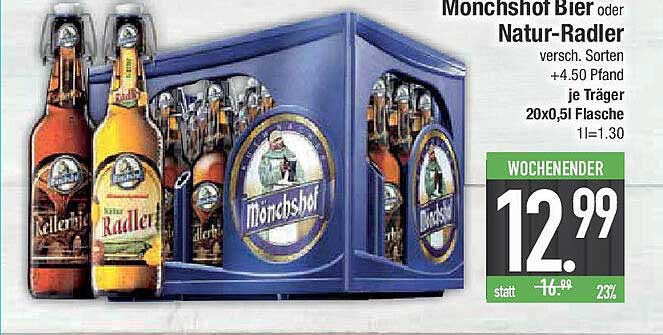 Mönchshof Bier oder Natur-Radler - 20x0,5l Kästen zum Genuss