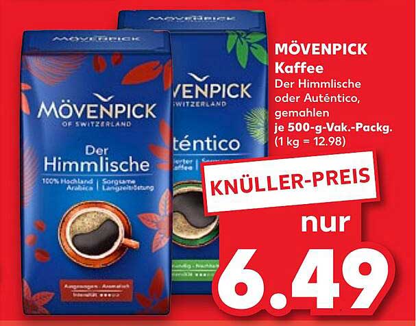 MÖVENPICK Kaffee Der Himmlische oder Auténtico, gemahlen je 500-g-Vak-Pack.