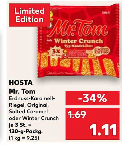 Mr. Tom Erdnuß-Karamell-Riegel, Original, Salted Caramel oder Winter Crunch 3 Stk. (120 g-Packung)