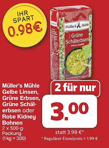 Müller's Mühle Grüne Schälerbsen 2 x 500-g-Packung