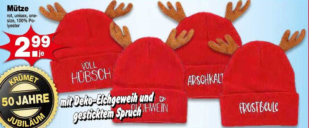 Mütze mit Deko-Elchgeweih und gesticktem Spruch - nur 2,99 je