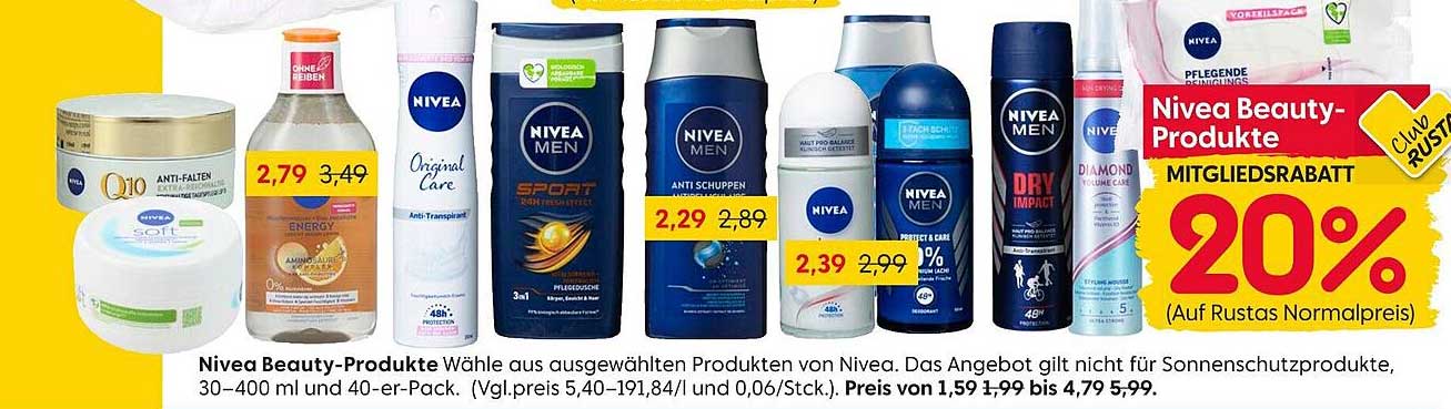 Nivea Beauty-Produkte - 20% Mitgliederrabatt auf Rustas Normalpreis
