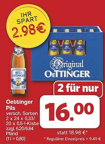 Oettinger Pils 2 für nur 16,00 €