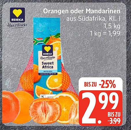 Orangen oder Mandarinen aus Südafrika, KL. I 1,5 kg