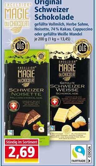 Original Schweizer Schokolade - gefüllte Vollmilch, Herbe Sahne, Noisette, 74 % Kakao, Cappuccino oder gefüllte Weiße Mandel je 200 g