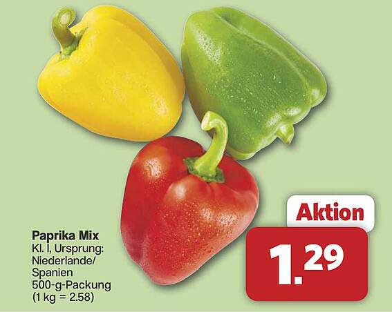 Paprika Mix - Kl. I, Herkunft: Niederlande/Spanien, 500-g-Packung
