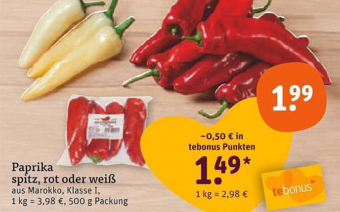 Paprika spitz, rot oder weiß, aus Marokko, Klasse I, 500 g Packung