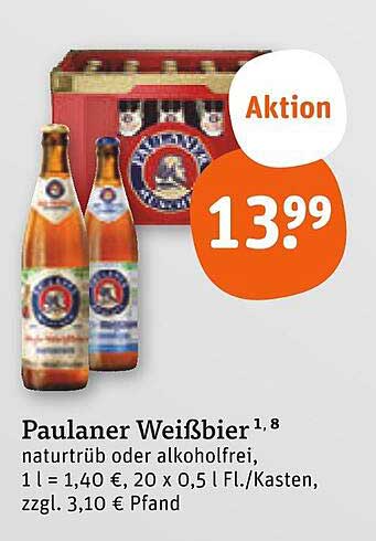 Paulaner Weißbier 1,8 naturtrüb oder alkoholfrei 20 x 0,5 l/Kasten