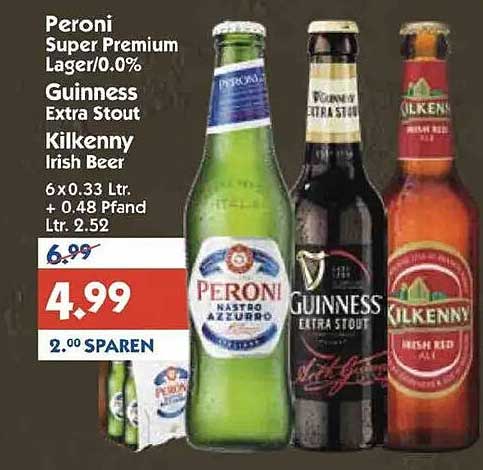 Peroni Super Premium Lager/0.0%, Guinness Extra Stout, Kilkenny Irish Beer - 6 x 0,33 L für nur 4,99 €