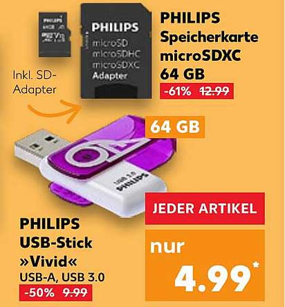 PHILIPS Speicherkarte microSDXC 64 GB mit SD-Adapter und PHILIPS USB-Stick »Vivid« 64 GB