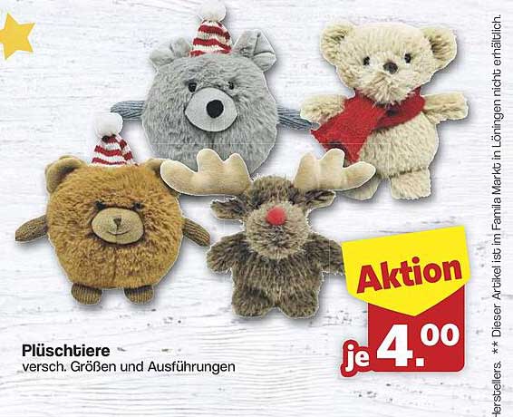 Plüschtiere in verschiedenen Größen und Ausführungen