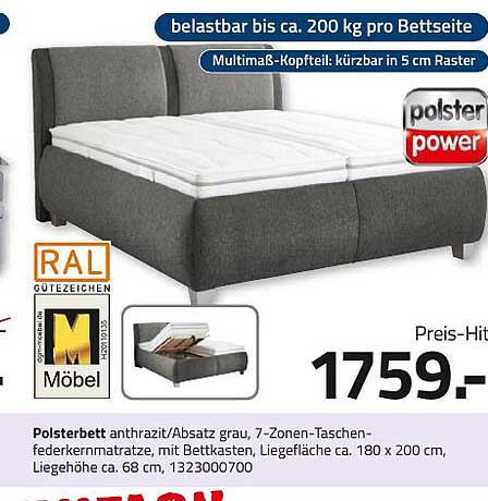 Polsterbett anthrazit mit 7-Zonen-Taschenfederkernmatratze