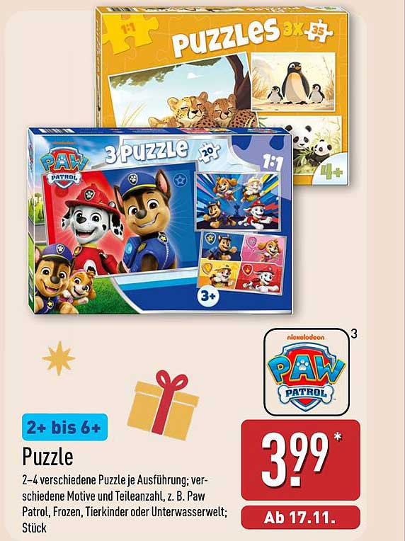 Puzzle 2-4 verschiedene Puzzle je Ausführung; verschiedene Motive und Teilanzahl, z. B. Paw Patrol, Frozen, Tierkinder oder Unterwasserwelt; Stück
