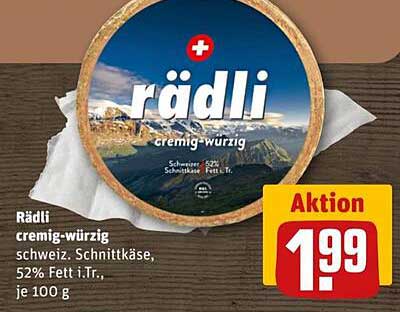 Rädli cremig-würzig, Schnittkäse, 52% Fett i.Tr., je 100 g