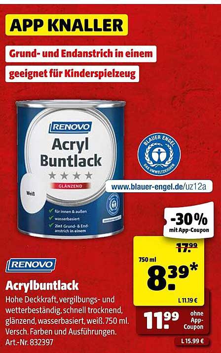 RENOVO Acrylbuntlack 750 ml – 30% Rabatt mit App-Coupon!