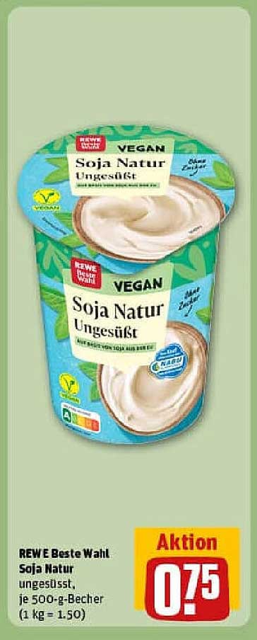 REWE Beste Wahl Soja Natur Ungesüßt, je 500-g-Becher