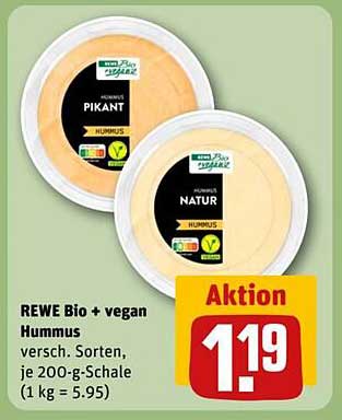 REWE Bio + vegan Hummus versch. Sorten, je 200-g-Schale