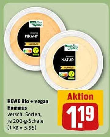 REWE Bio + vegan Hummus - verschiedene Sorten, je 200-g-Schale