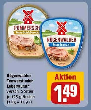 Rügenwalder Teewurst oder Leberwurst, verschiedene Sorten, je 125-g-Becher