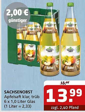 SACHENOBST Apfelsaft klar, trüb 6 x 1,0 Liter Glas