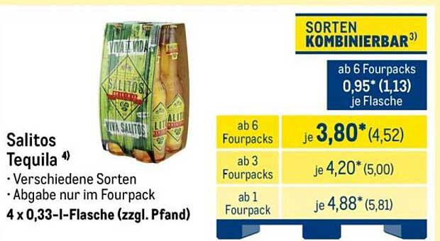 Salitos Tequila 4 x 0,33-l-Flasche (zzgl. Pfand)