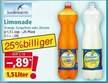 San Benedetto Limonade – Orange, Grapefruit oder Zitrone 1,5 L