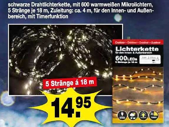 schwarze Drahtlichterkette, mit 600 warmweißen Mikrolichtern, 5 Stränge je 18 m