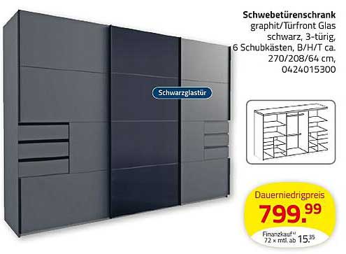 Schwebetürenschrank graphit/Türenfront Glas schwarz, 3-türig, 6 Schubkästen