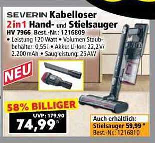 SEVERIN Kabelloser 2in1 Hand- und Stielsauger HV 7966