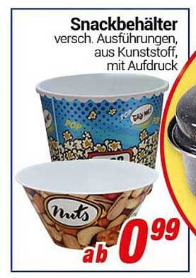 Snackbehälter - verschiedene Ausführungen aus Kunststoff, mit Aufdruck