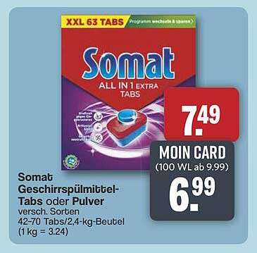 Somat Geschirrspülmittel-Tabs oder Pulver - 63 Tabs im Angebot