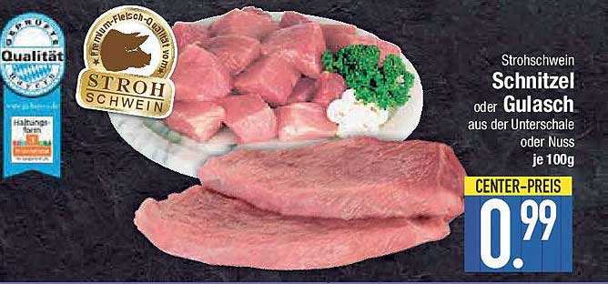Strohschwein Schnitzel oder Gulasch aus der Unterschale oder Nuss je 100g