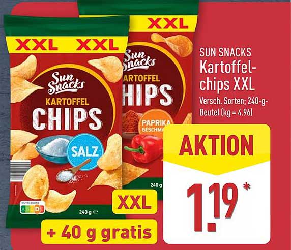 SUN SNACKS Kartoffelchips XXL - Verschiedene Sorten (240 g + 40 g gratis)