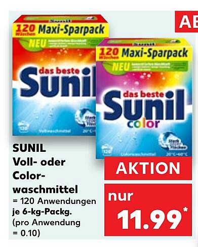 SUNIL Voll- oder Colorwaschmittel – 120 Anwendungen im Maxi-Sparpack