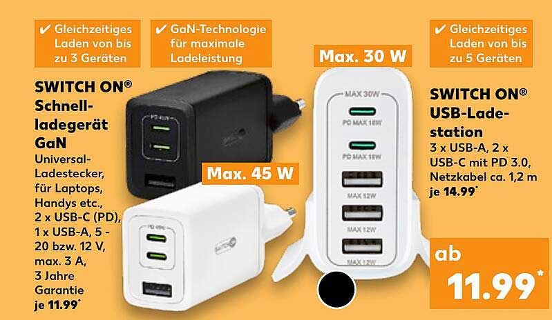 SWITCH ON® Schnellladegerät GaN und USB-Ladestation