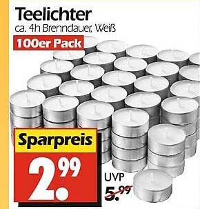 Teelichter - 100er Pack, ca. 4h Brenndauer, Weiß