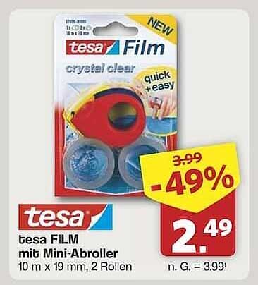 tesa FILM mit Mini-Abroller, 10 m x 19 mm, 2 Rollen